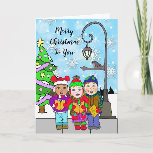 Carte Joyeux Noël Enfants Caroleurs Vacances (Devant)