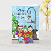 Carte Joyeux Noël Enfants Caroleurs Vacances (Fleur jaune)