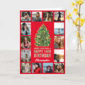 Carte Joyeux Noël et 14e Joyeux anniversaire Rouge & Or (Fleur jaune)