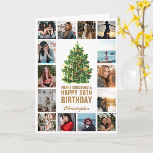 Carte Joyeux Noël et 50e Joyeux Anniversaire Photo (Fleur jaune)