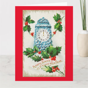 Carte Joyeux Noël et Bonne Année - horloge 
