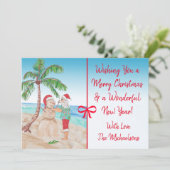 Carte Joyeux Noël et Bonne Année Père Noël sur la plage (Debout devant)