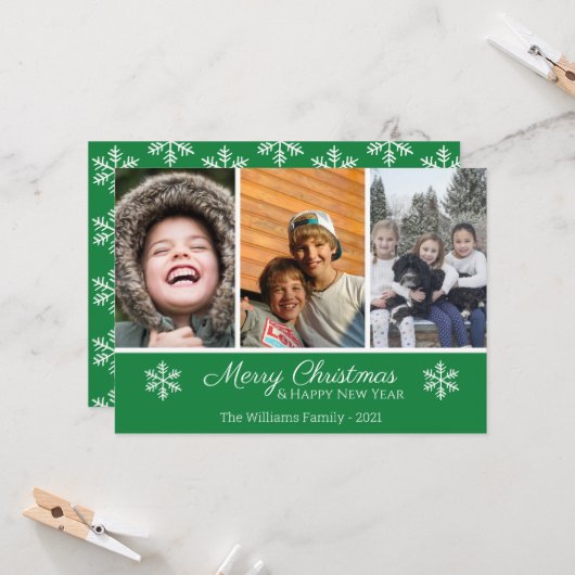 Carte Joyeux Noël Famille 3 Photo Snowflake (Devant/Arrière en situation)