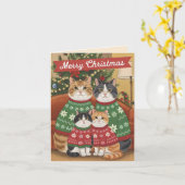 Carte Joyeux Noël Famille de Chats (Fleur jaune)