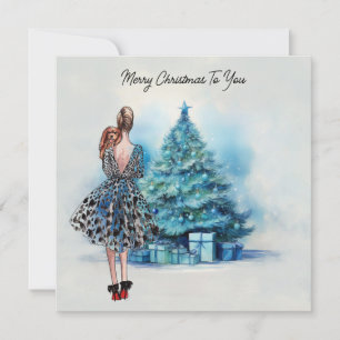 Carte Joyeux Noël femme et sapin de Noël bleu