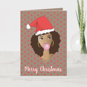 Carte Joyeux Noël! Femme noire, Chapeau de Père Noël, Bu