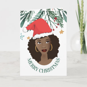 Carte Joyeux Noël, Femme noire, Chapeau de Père Noël Rou