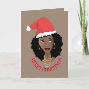 Carte Joyeux Noël, Femme noire, Chapeau rouge, Brown