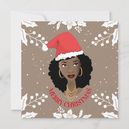 Carte Joyeux Noël, Femme noire, Chapeau rouge, Brown (Devant)
