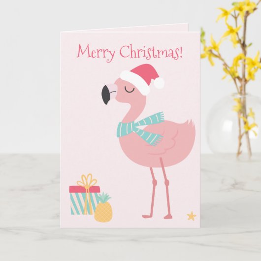 Carte Joyeux Noël ! Flamant rose Père Noël Tropical (Fleur jaune)