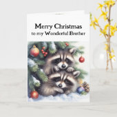 Carte Joyeux Noël Fun Raccoons Frère (Fleur jaune)