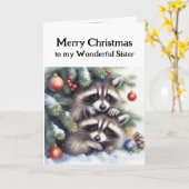 Carte Joyeux Noël Fun Raccoons Soeur (Fleur jaune)