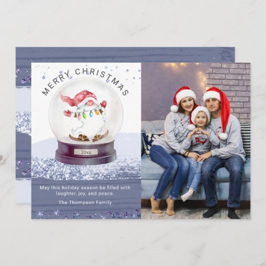 Carte Joyeux Noël Globe neige aquarelle Gnome Photo (Devant / Derrière)