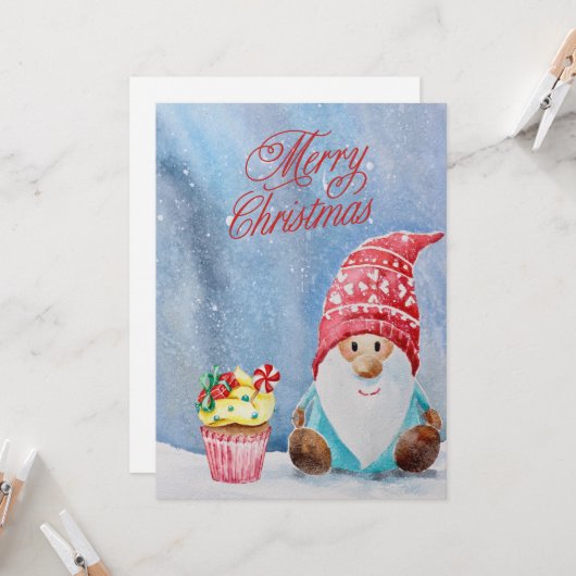 Carte Joyeux Noël Gnome et Noël Cupcake (Devant/Arrière en situation)