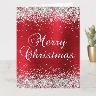 Carte Joyeux Noël grand paillettes argentées rouge feuil