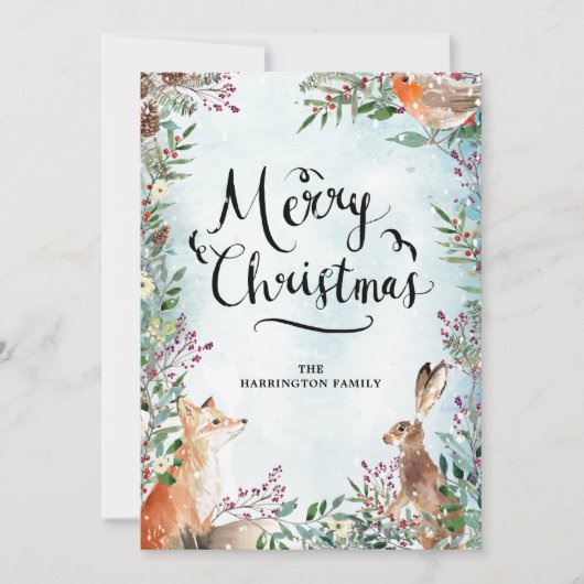 Carte Joyeux Noël hiver Woodland Fox Rabbit Card (Devant)