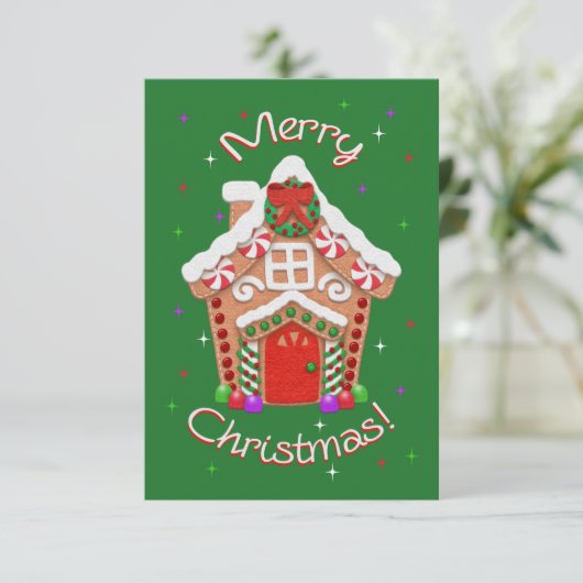 Carte Joyeux Noël ! Maison en pain d'épice en faux feutr (Debout devant)