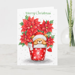 Carte Joyeux Noël, mignonne Ourson Pop Up de Poinsettias