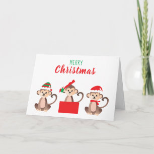 Carte Joyeux Noël Mignons singes Casquettes de Noël