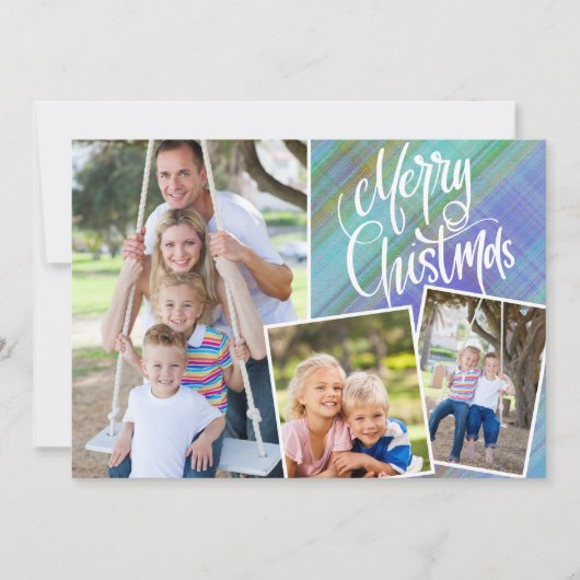 Carte Joyeux Noël Moderne Bleu Plaid Trois Photo (Devant)