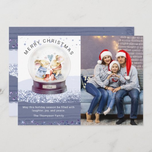 Carte Joyeux Noël Neige Globe mice photo (Devant / Derrière)