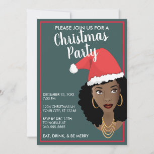 Carte Joyeux Noël! Noir Femme Santa Hat, Turquoise & Rou