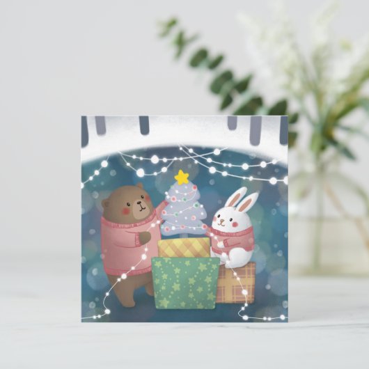 Carte Joyeux Noël : ours et lapin (Debout devant)