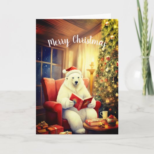 Carte Joyeux Noël Ours Lecture dans une chaise confortab (Devant)