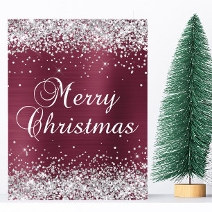 Carte Joyeux Noël pailleté argent foncé rouge métallisé