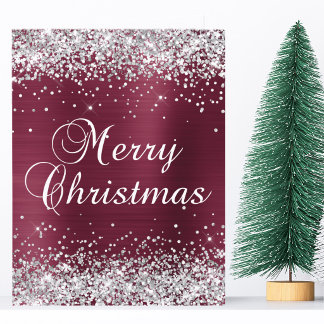 Carte Joyeux Noël pailleté argent foncé rouge métallisé