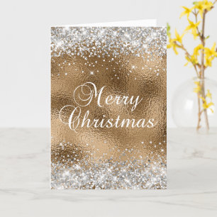 Carte Joyeux Noël paillettes d'argent et feuille d'or