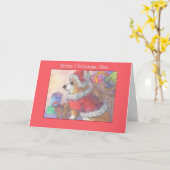Carte Joyeux Noël, papa, chien de Corgi habillé comme Pè (Fleur jaune)