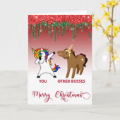 Carte Joyeux Noël Patron Licorne Cheval Drôle (Fleur jaune)