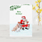 Carte Joyeux Noël ! Père Noël avec Chat et Chien (Fleur jaune)