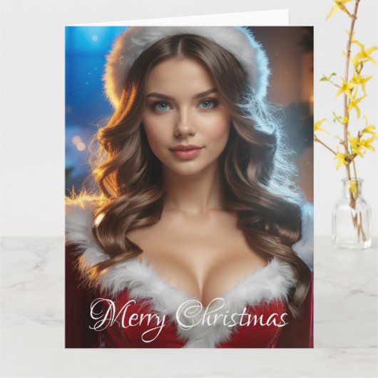 Carte Joyeux Noël Père Noël Girl (Fleur jaune)