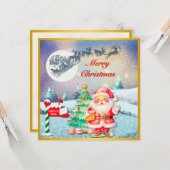 Carte Joyeux Noël Père Noël, Sleigh, Reindeer, Snowflake (Devant/Arrière en situation)