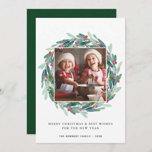 Carte Joyeux Noël Photo moderne Holiday Holly Wreath (Devant / Derrière)