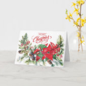 Carte Joyeux Noël - Poinsettia, Boughs, Berries (Fleur jaune)