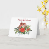 Carte Joyeux Noël Poinsettia et deux oiseaux rouges (Fleur jaune)