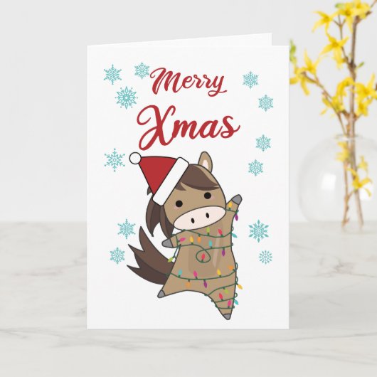 Carte Joyeux Noël Ponny Horse Neige Fée Lumières Animaux (Fleur jaune)