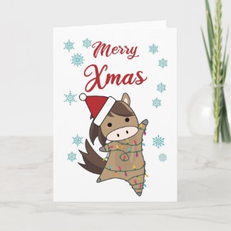 Carte Joyeux Noël Ponny Horse Neige Fée Lumières Animaux