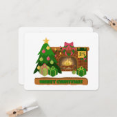 Carte Joyeux Noël près de la cheminée bonfire xmas arbre (Devant/Arrière en situation)