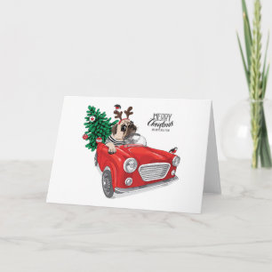 Carte Joyeux Noël Pug conduisant une voiture vintage