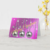 Carte Joyeux Noël rose argent (Fleur jaune)