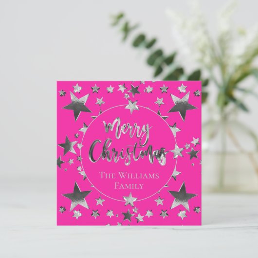 Carte Joyeux Noël rose chaud moderne Script Star (Debout devant)