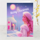 Carte Joyeux Noël rose élégant et mignon (Fleur jaune)