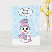 Carte Joyeux Noël rose et bonhomme de neige bleu (Fleur jaune)