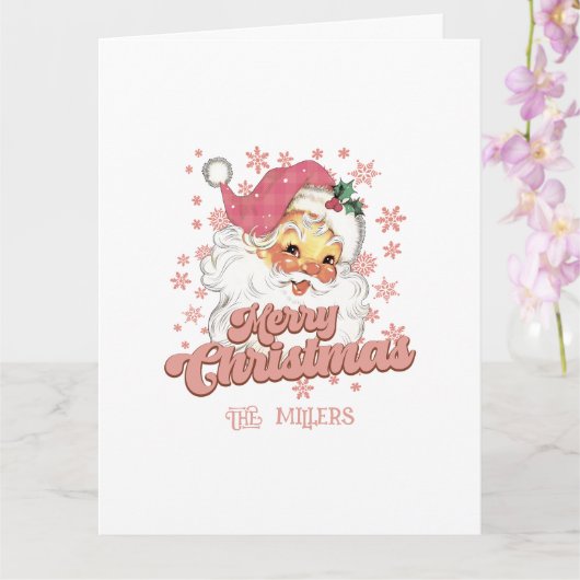 Carte Joyeux Noël rose rétro typographie Santa Claus (Orchidée)