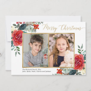 Carte Joyeux Noël rouge aquarelle florale deux photo