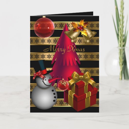 Carte Joyeux Noël Rouge Noir Bande Or Noir Noël (Devant)